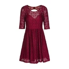 Female Wears Dress Casual Summer Open Back Hollow Out Half SLeeve Lace Red Dress