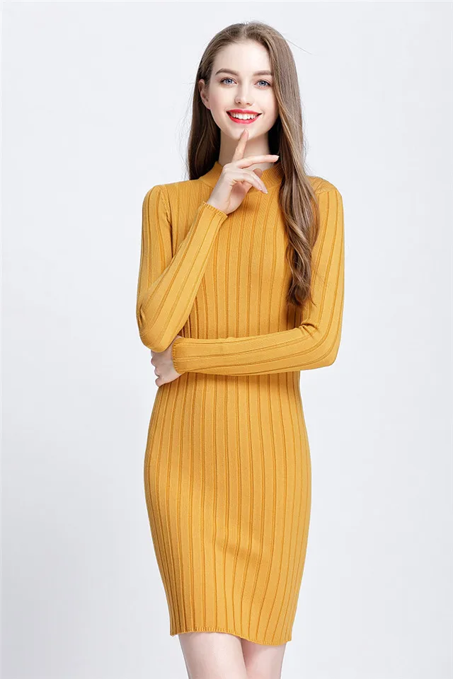 Ribbed Knit Sweater Dress Spring Autumn Women Long Sleeves Mock Neck Knitting Bodycon Mini Dresses C4778