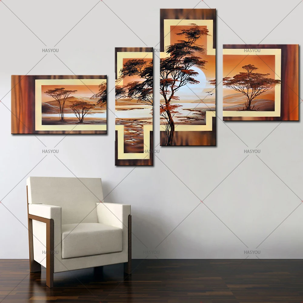 4-Piece-Hand-Painted-African-Abstract-Landscape-Oil-Paintings-on-Canvas-Modular-Pictures-for-Living-Room