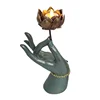 Customized Feng Shui Handmade lotus Kwan-yin buddha hand figurine craft resin home table decor with Led T-light Candle holder
