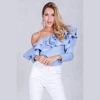 One shoulder ruffles blouse shirt women tops blue striped shirt Long sleeve blouse