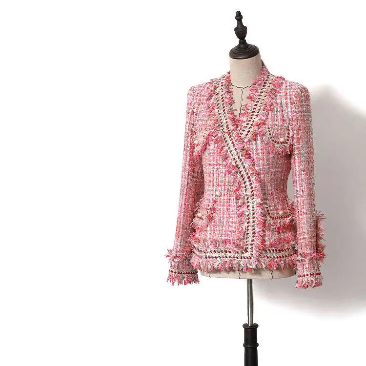 Británico de moda chaqueta de alta calidad caliente chaqueta rosa de tweed chaqueta mujer Trench botones flecos chaqueta de Tweed abrigo