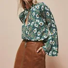 Hot Sale Printed Tunic Shirt V-Neck Ruffled Collar Women Top Long Flare Sleeve Casual Tops Chiffon Blouse STb-01028