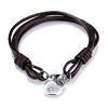 fashion jewelry stainless steel heart charm engraved pentagram leather bracelet for men