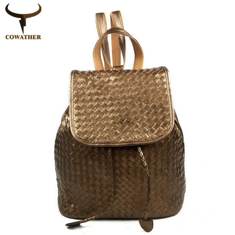 2015 vintage preppy style women backpacks for teenage girls school backpack weave cow genuine leather female bag free shipping