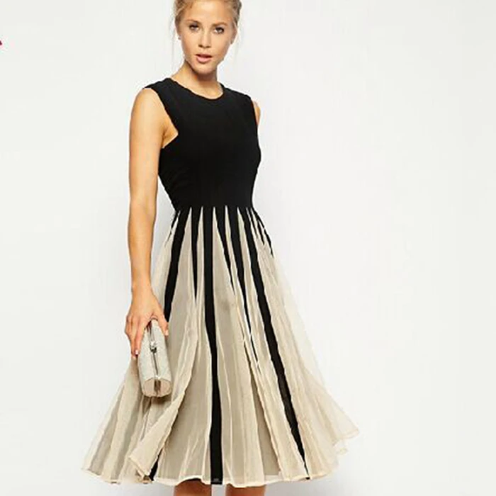 2015 New Fashion Women's Patchwork Chffion Mesh Black Mid-calf Dresses Sleeveless Casual Hot O-Neck Summer Girl's Gift