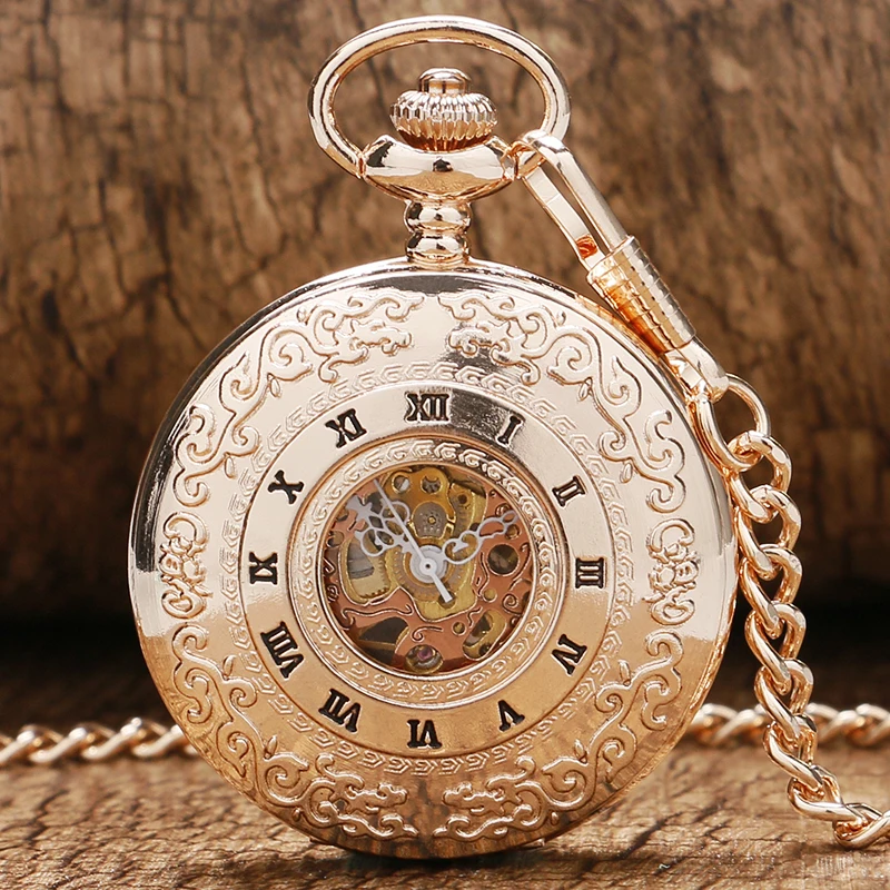 New Arrival Luxury Rose Gold Roman Numeral Hollow Case Design Skeleton Mechanical Pocket Watch 30cm Chain Creative Unisex Gifts 2017 2018 for Men Women (3)