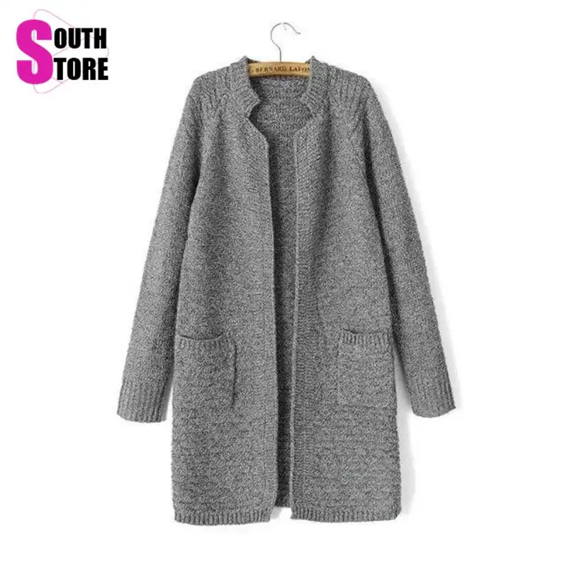 2015 New Fashion Solid Brief Thick Autumn Winter Long Women Sweater Casual Pockets Full Sleeve Stand Collar Knitted Cardigan