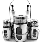 Glass oil vinegar bottle spice jar set cruet set with metal coat shelf glass condiment set