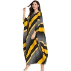 Yellow Stripe Printing Bat-wing Sleeve Ladies Casual Clothes Women Abaya Muslim Long Dress