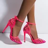 Sexy ladies latest Pointed Toe rivet metallic studded hot pink pvc Clear women shoes Stiletto Heels pumps ankle straps sandals