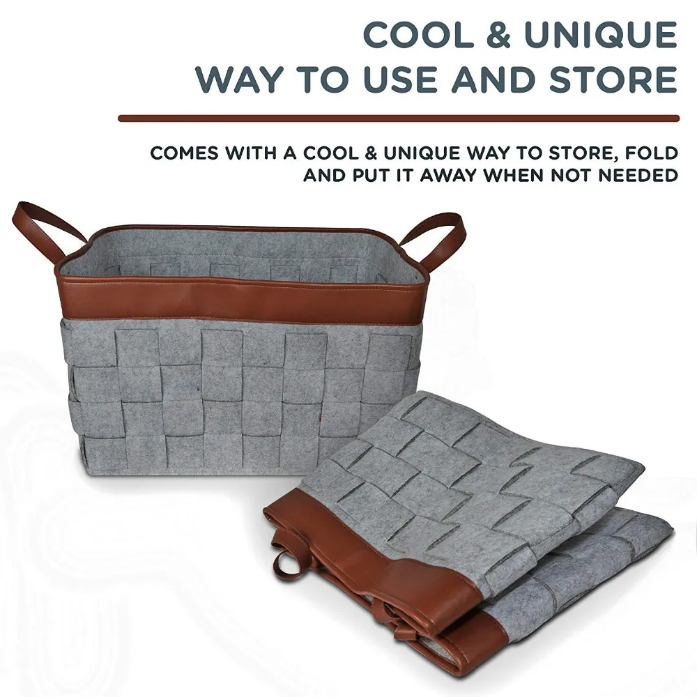 foldable felt woven storage basket with leather trim and handle