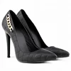 High quality handmade black suede shoes pumps office lady work shoes high heels with metal chain