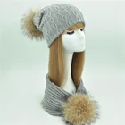 New Style Women Raccoon Fur Pompom Hat Wholesale Fashion Knitted Scarf Hat Lady Winter Hats Custom