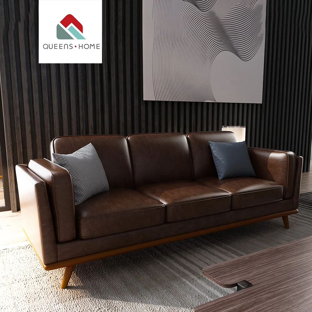 Queenshome Yellow Leather Sofa Modern 3 Seater Wooden Teal
