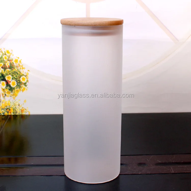 Frosted glass straight sided jar for honey jam candy with bamboo wood cork