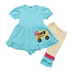 Bcak to school baby girls boutique outfits puff sleeve dress matching stripe ruffle pants kids clothing set wholesale