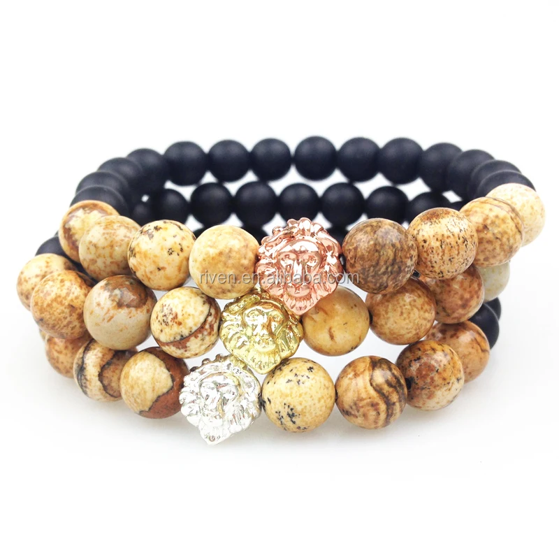 SN0352 Men Beaded Bracelet Fashion Jasper Stone Bracelet With Lion Head gold rose gold silver plated Matte Black Onyx Bead Bracelets.JPG