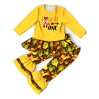 New little girl fashion fox pattern with yellow ruffled clothes set for children clothing
