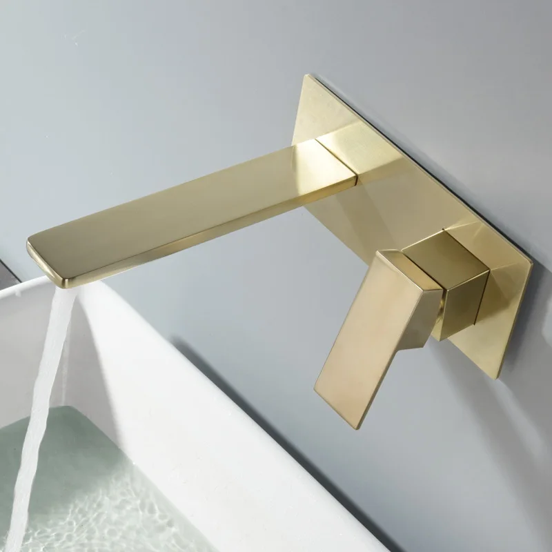 Single Handle Wall Mount Basin Mixer Taps Brushed Gold Faucets Bathroom