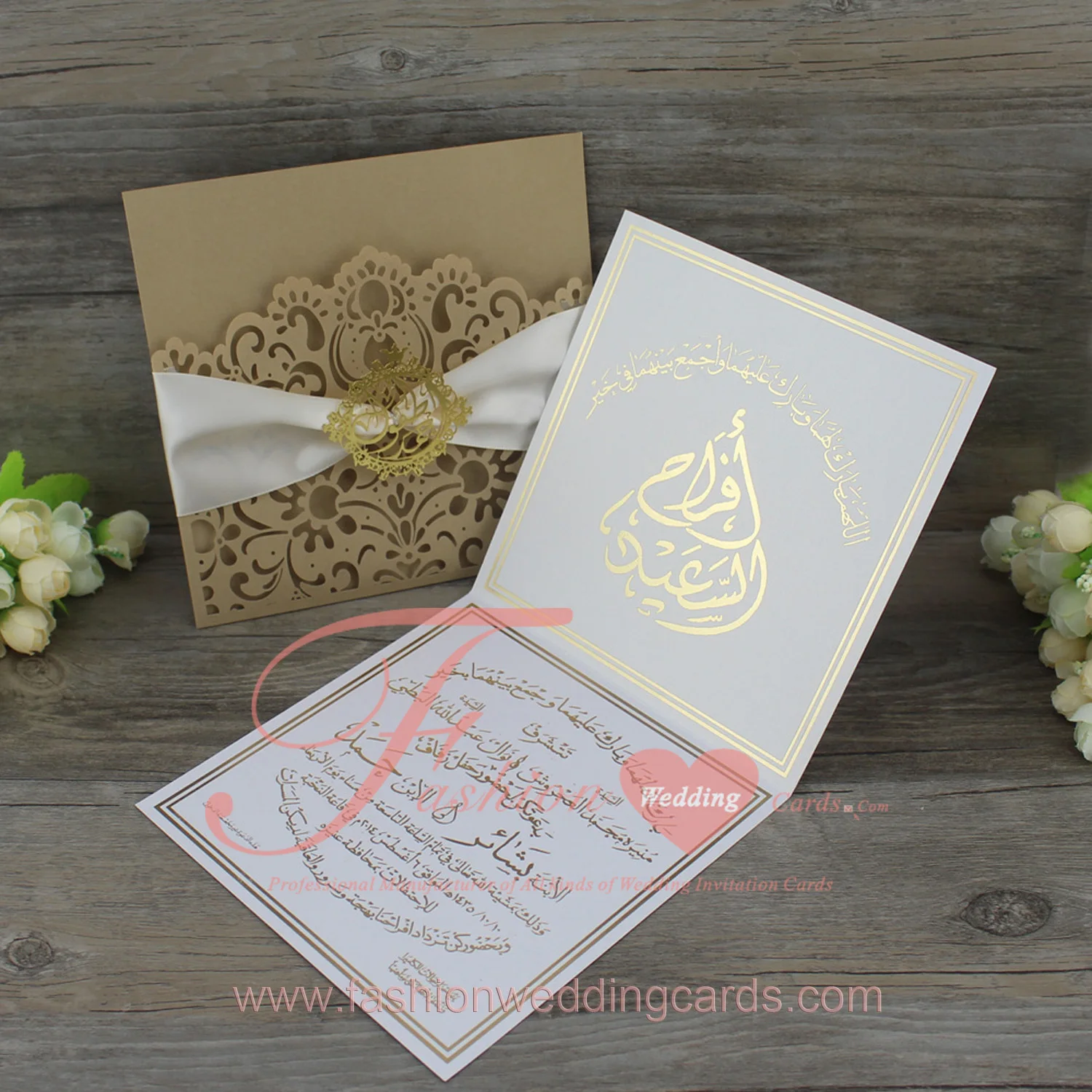 square luxurious laser cut wedding invitation card with ribbon