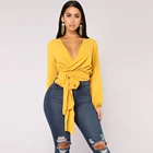 2018 New Design Hot Sale Elegant Long Balloon Sleeve V-Neck Women Bandage Crop Tops Sexy Blouses