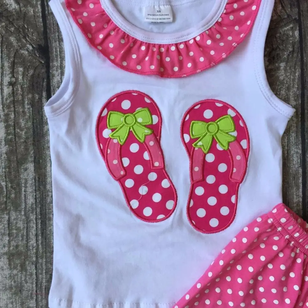 Baby girls ruffles shorts clothing suit summer Slipper cotton outfits kids set hot pink polka dot with matching accessories