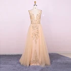 2019 Beautiful Long Illusion Top Beaded Golden Women Evening Dress Gowns