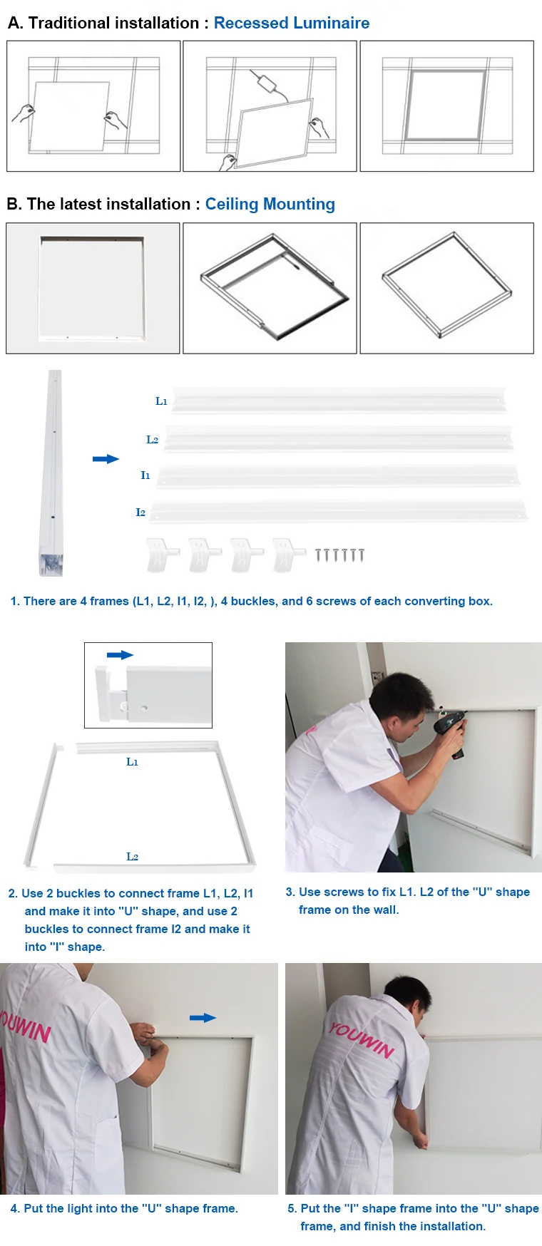 YOUWIN Recessed 48W Panel Light Integrated Ceiling Installation 595X595 600X600 LED Panel Light