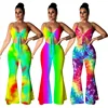One Piece Summer Printed rainbow Crop jumpsuit Spaghetti Strap 2019 New Design Summer Beachwear Wide leg pants