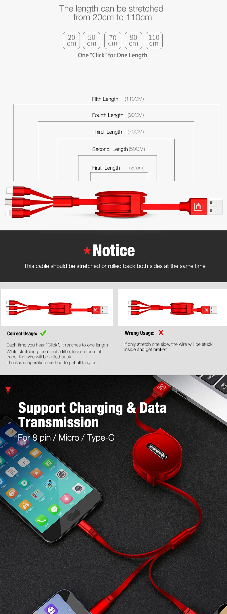 CAFELE Custom 3 in 1Retractable Round USB Charging Cable Gift Mini Micro Type C 8 pin Multi Charger Wire Reel Data Line - ANKUX.COM