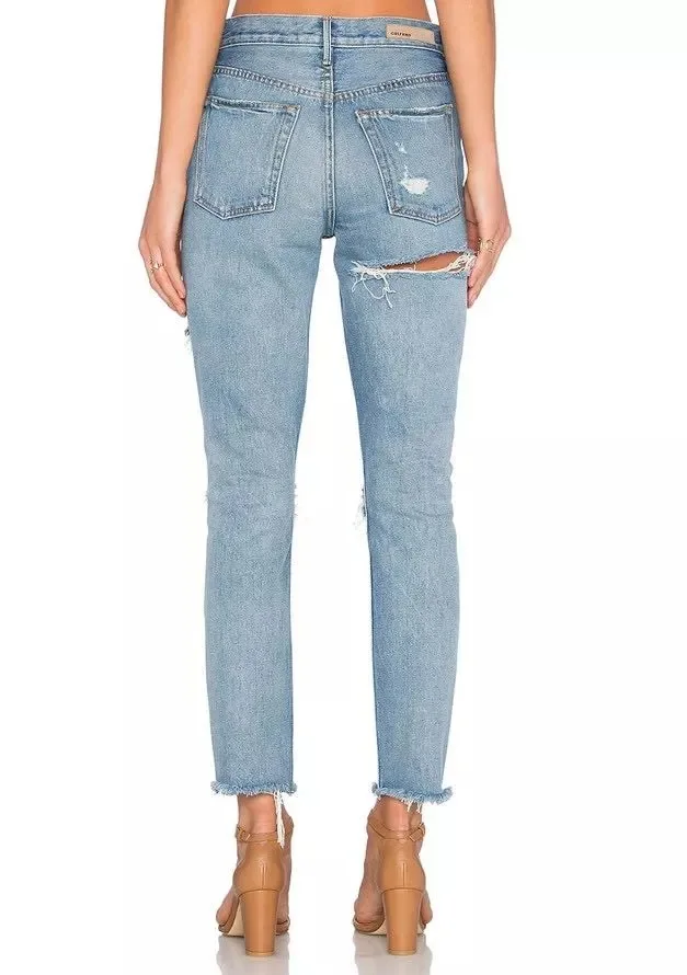 Fashion Girl Cotton Worn Pants Ripped Knee Jean Women Destroyed Jeans