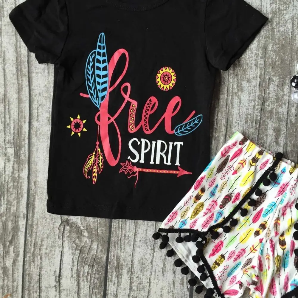baby Girls Summer clothes girls children spirit girl outfits kids arrow outfits black top with feather shorts with accessories