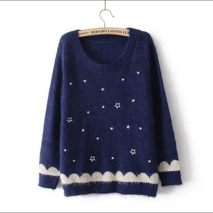 2015 Winter Women Casual O- Neck Star Pattern Mohair Knit Jumper Pullover Sweater Tops Coat Women's Clothes Sweater femininas