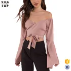 Chinese clothing pink off shoulder long bell sleeve tops for women