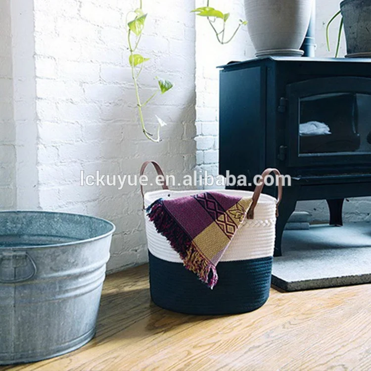 natural cotton,leather long handle,large round cotton basket for