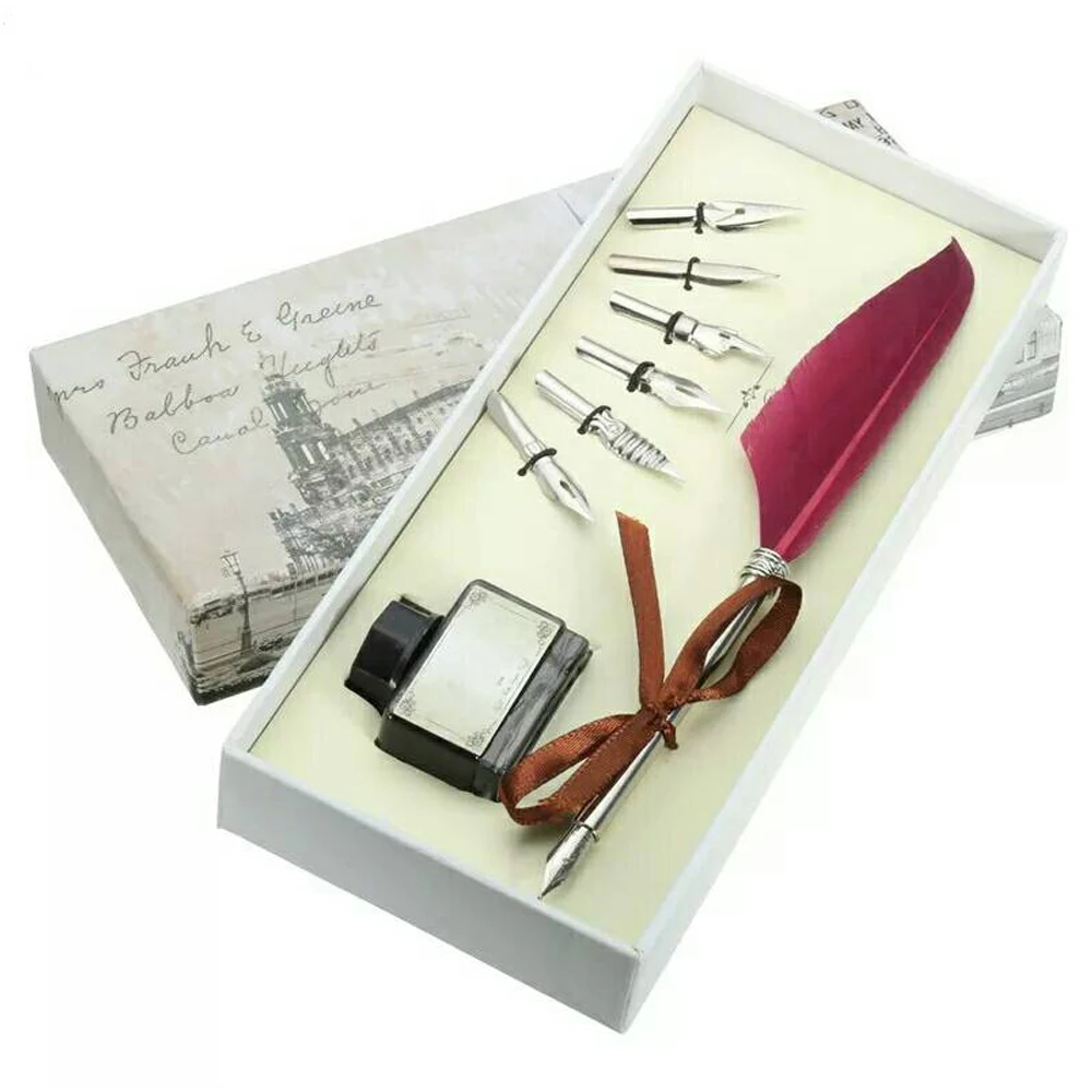 pen set quill pen, antique dip feather pen set with the ink in