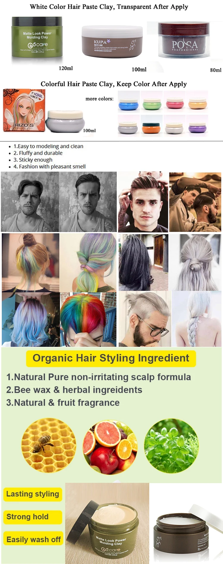 wholesale private label organic Super Quality man use Power Molding hair clay