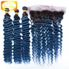 CUSTOM COLOR factory price human hair Brazilian Big deep wave bundle 1b/turquoise with lace frontal