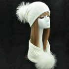 Women Knitted Hat Scarf Set Winter Beanies Real Big Fur Pom Pom Hat Ladies Genuine Fur Ball Scarves hats Women