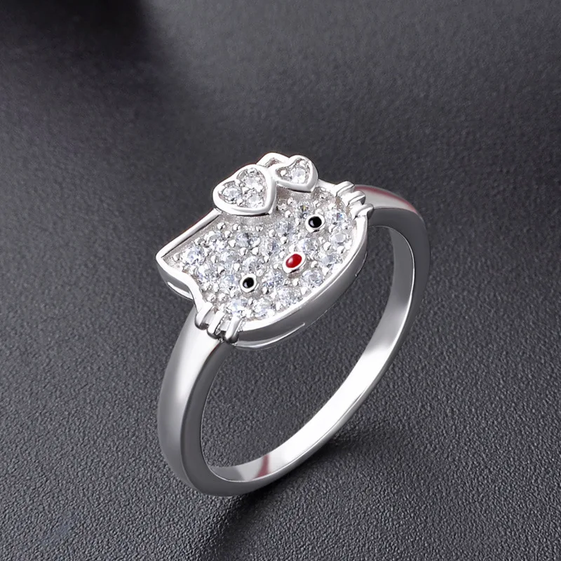 Korean cartoon creative s925 sterling silver cubic zirconia ring for kids,cute cat baby birthday gift wholesale