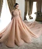 Arabic Blush Wedding Dresses Turkey Strapless Handmade Flowers Tulle 2019 Wedding Gowns Bridal Long Tail