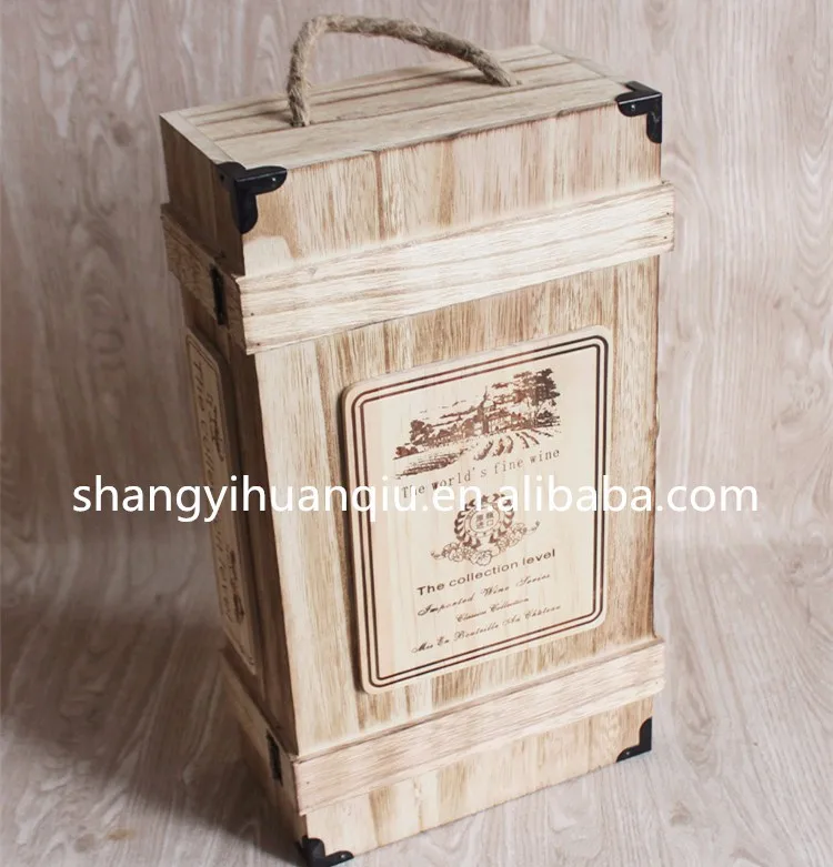 2bottles wooden wine gift box wine chest with lock and rope