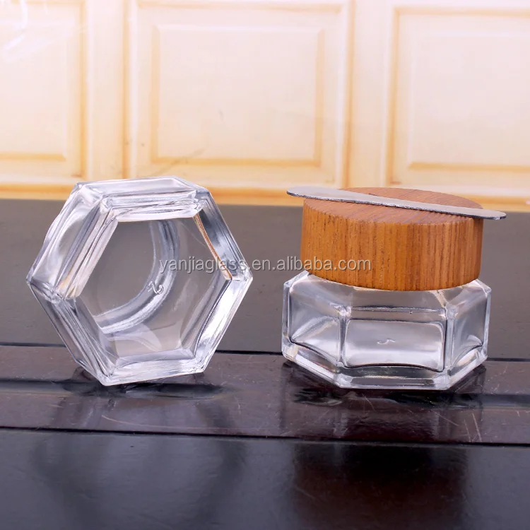 50ml Hexagonal glass mask bottle with wood lid