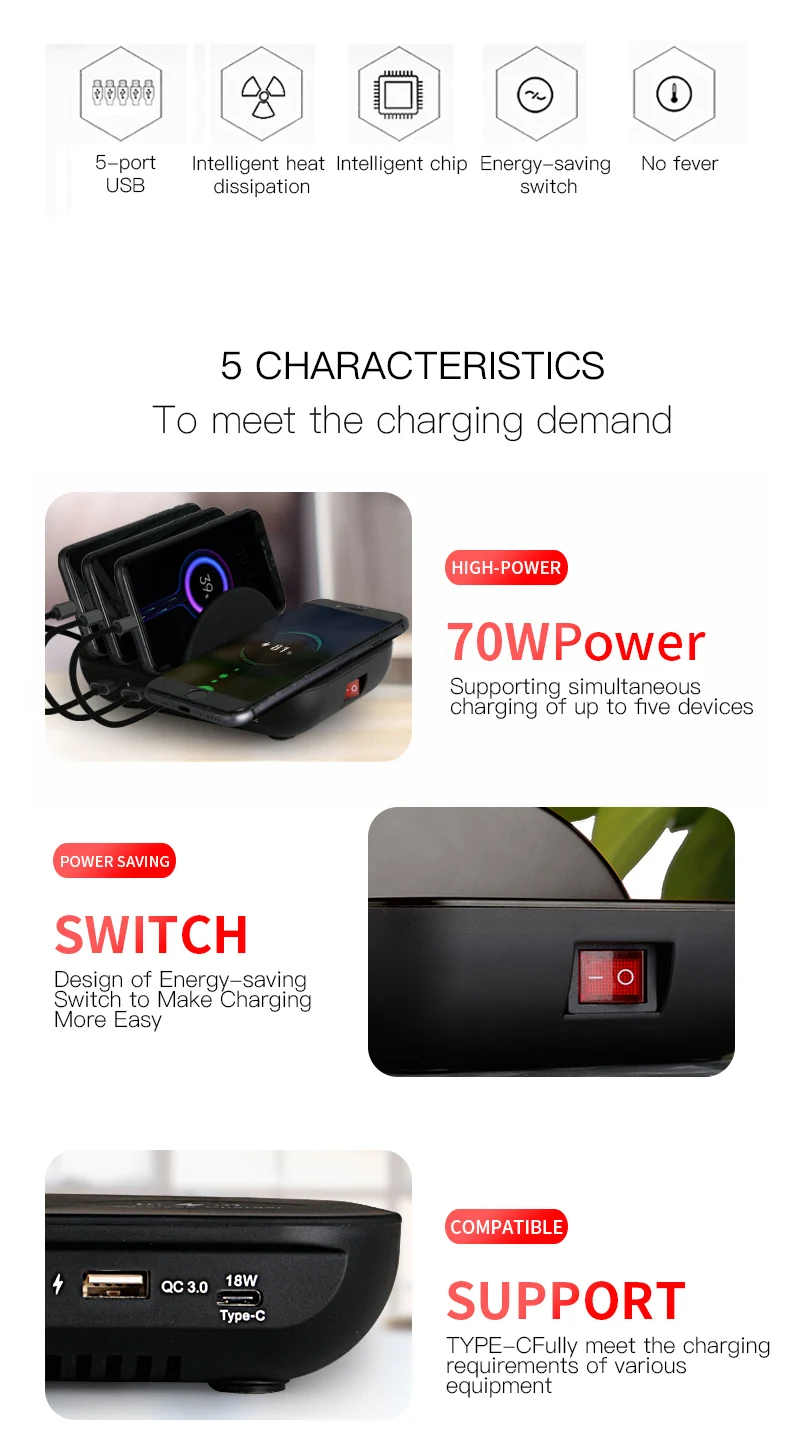 5 ports Publics Téléphone Portable Téléphone Portable Sans Fil Chargeur Multi-usb Dock De Charge de Banque de Puissance de Station D'accueil - ANKUX Tech Co., Ltd