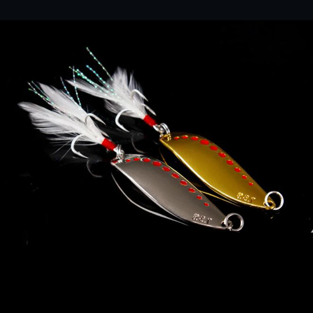 5pc Spoon Fishing Lure 28g-20g-15g-10g-5g Metal Spinners Feather Hook Bass Baits