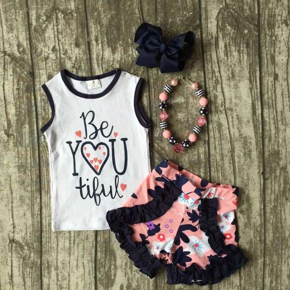 new arrival Summer baby girls clothes you betiful heart cotton floral ruffles boutique short kids sleeveless match accessories