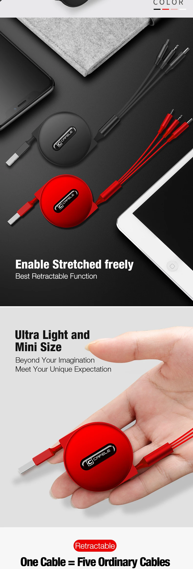 CAFELE Custom 3 in 1Retractable Round USB Charging Cable Gift Mini Micro Type C 8 pin Multi Charger Wire Reel Data Line - ANKUX.COM