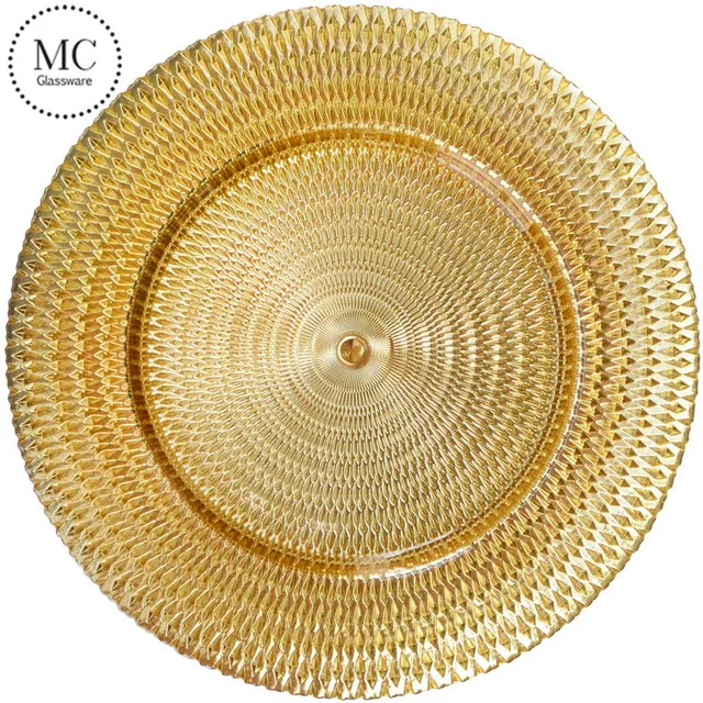 wholesale embossed glass golden charger plates wedding