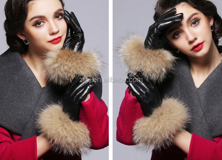 Wholesale Women Fashion Dress Winter Leather Hand Glove With Raccoon Fur